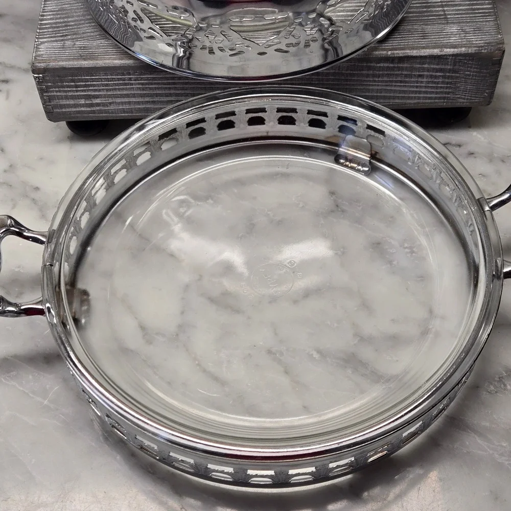 Vintage Fire-King and Pyrex Casserole Set with Silver Plated Filigree Carriers